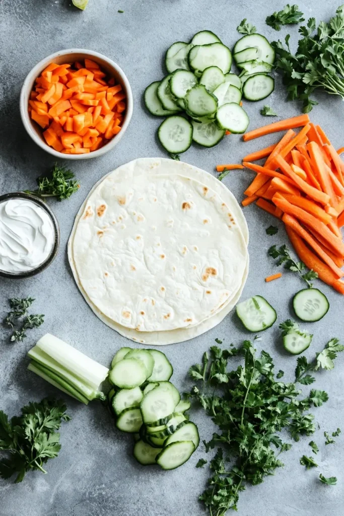 Ingredients for Fresh Vegetable Tortilla Roll Ups laid out on a surface.