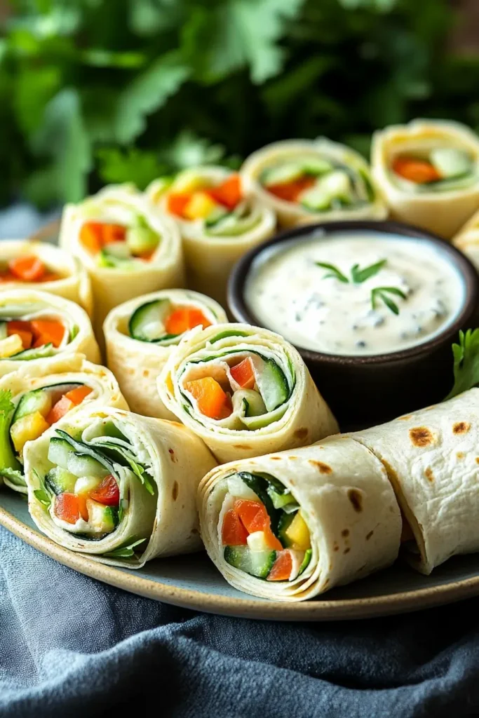 Fresh Vegetable Tortilla Roll Ups served with dipping sauce.