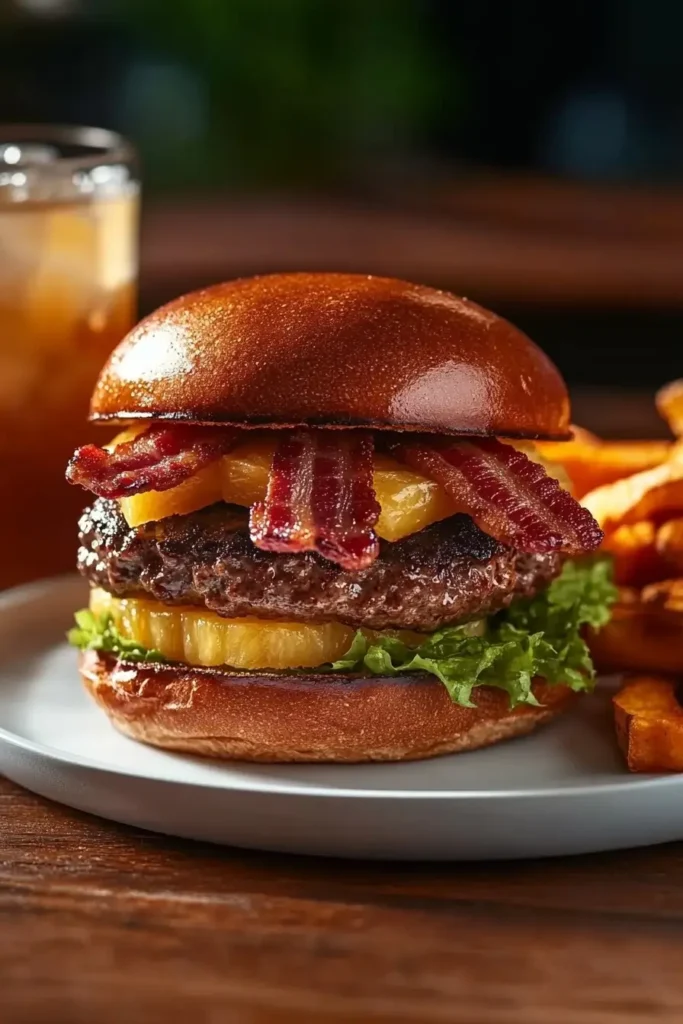Plated Pineapple Bacon Burger served with fries