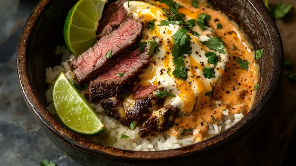 Creamy Steak & Queso Rice served in a bowl