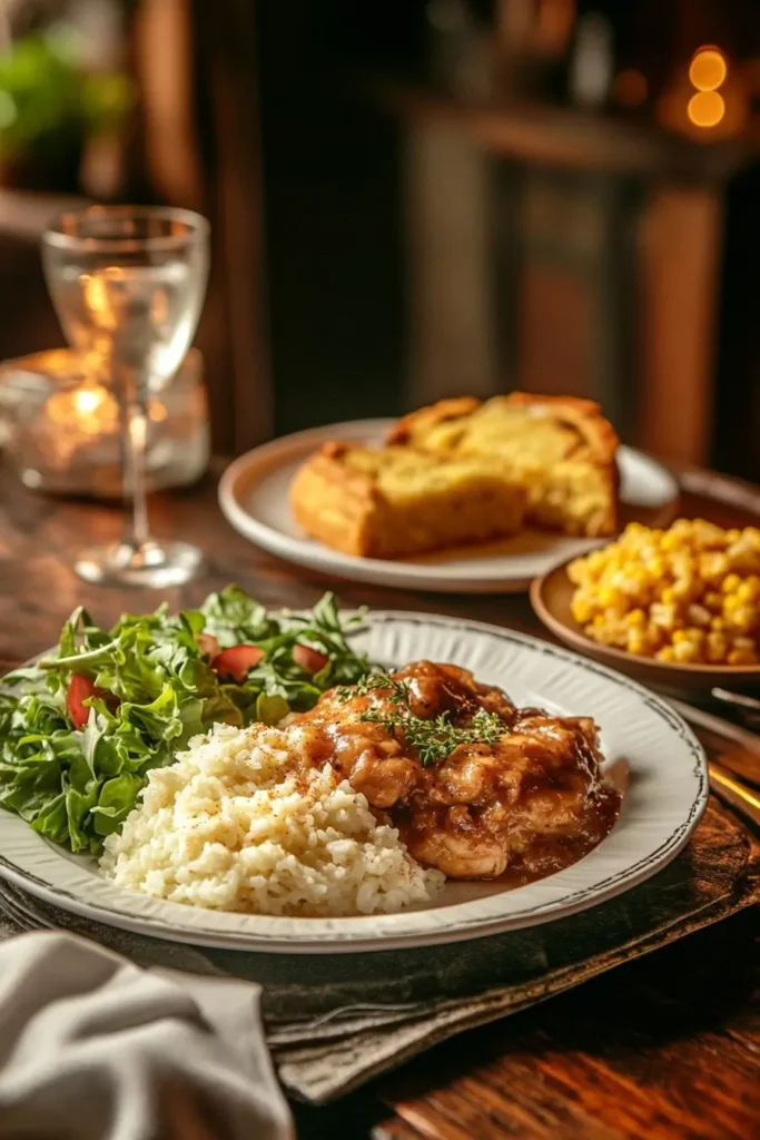A plate of Smothered Chicken and Rice with cornbread