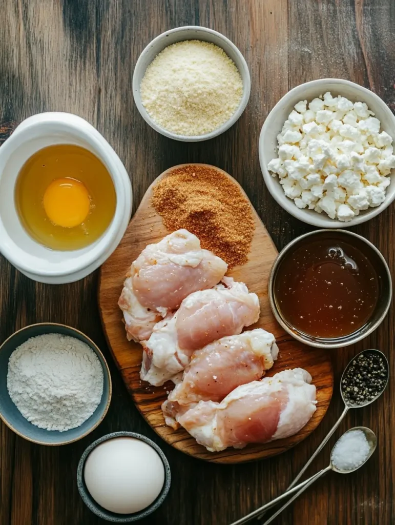 Ingredients for Crispy Hot Honey Feta Chicken laid out flat on a kitchen counter