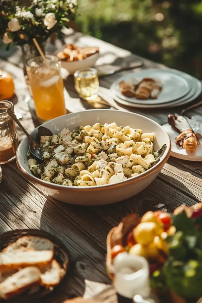 Chicken Pesto Pasta Salad served at a picnic table