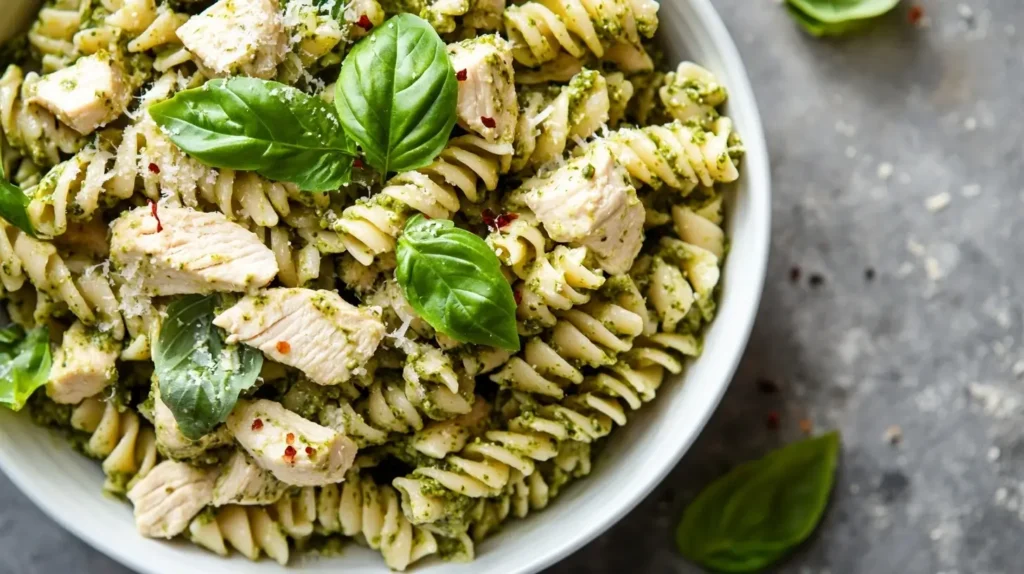 Chicken Pesto Pasta Salad in a white bowl garnished with basil and parmesan
