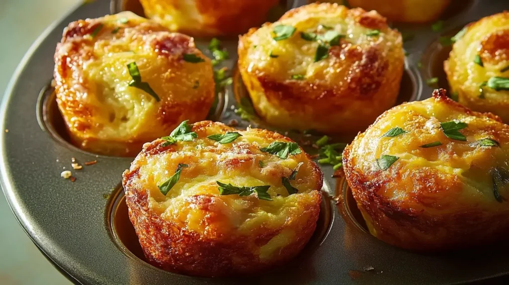 Close-up of golden, fluffy Egg Muffins fresh out of the oven, garnished with herbs.