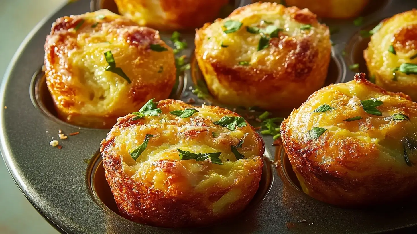 Close-up of golden, fluffy Egg Muffins fresh out of the oven, garnished with herbs.