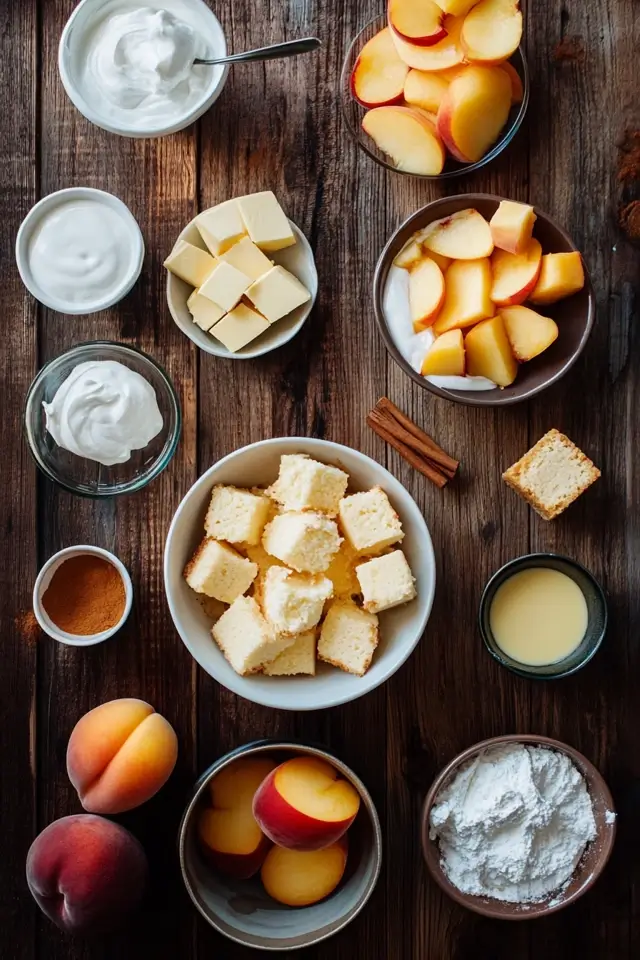 Ingredients for making Peach Cobbler Trifle displayed on a table