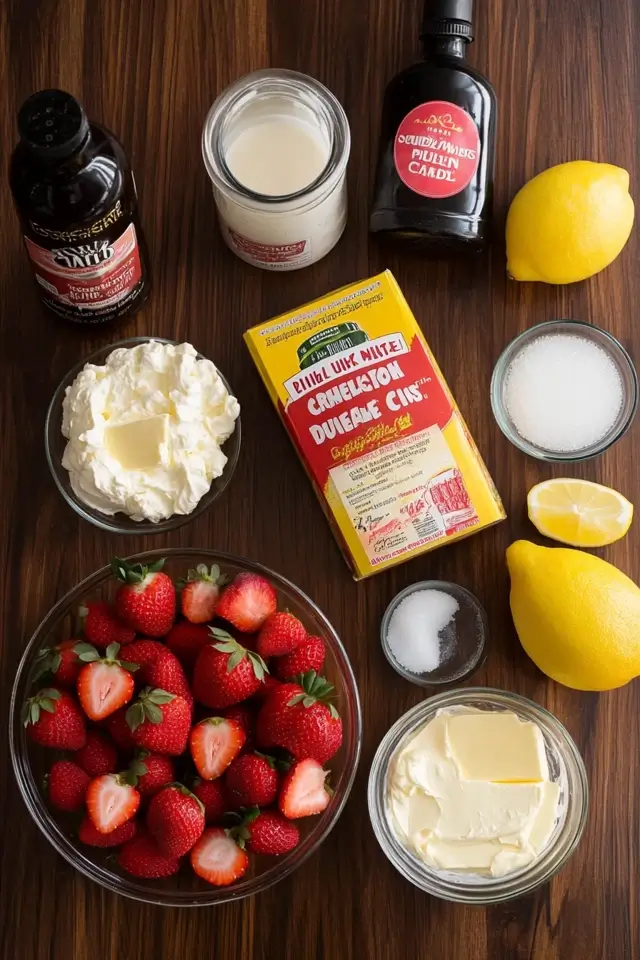 Ingredients laid out for Strawberry Cheesecake Dump Cake: fresh strawberries, cream cheese, cake mix, and butter