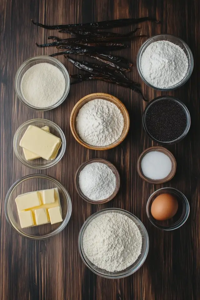 Ingredients for Vanilla French Beignets on a wooden table
