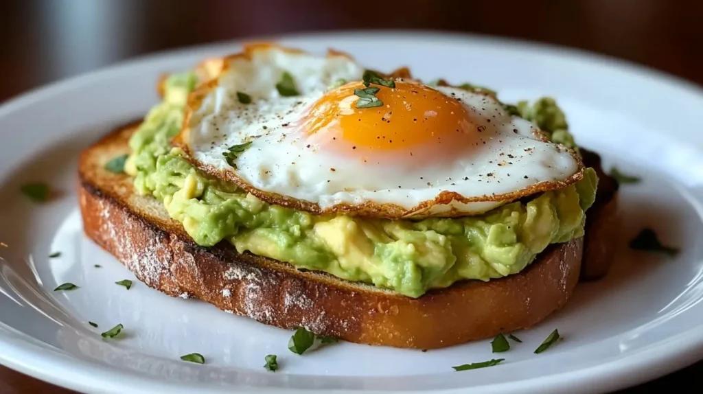 Avocado toast with egg on a plate, showing creamy avocado and a soft poached egg on top.