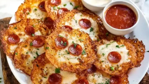 Crispy Pizza Chips served with dipping sauces on wooden board