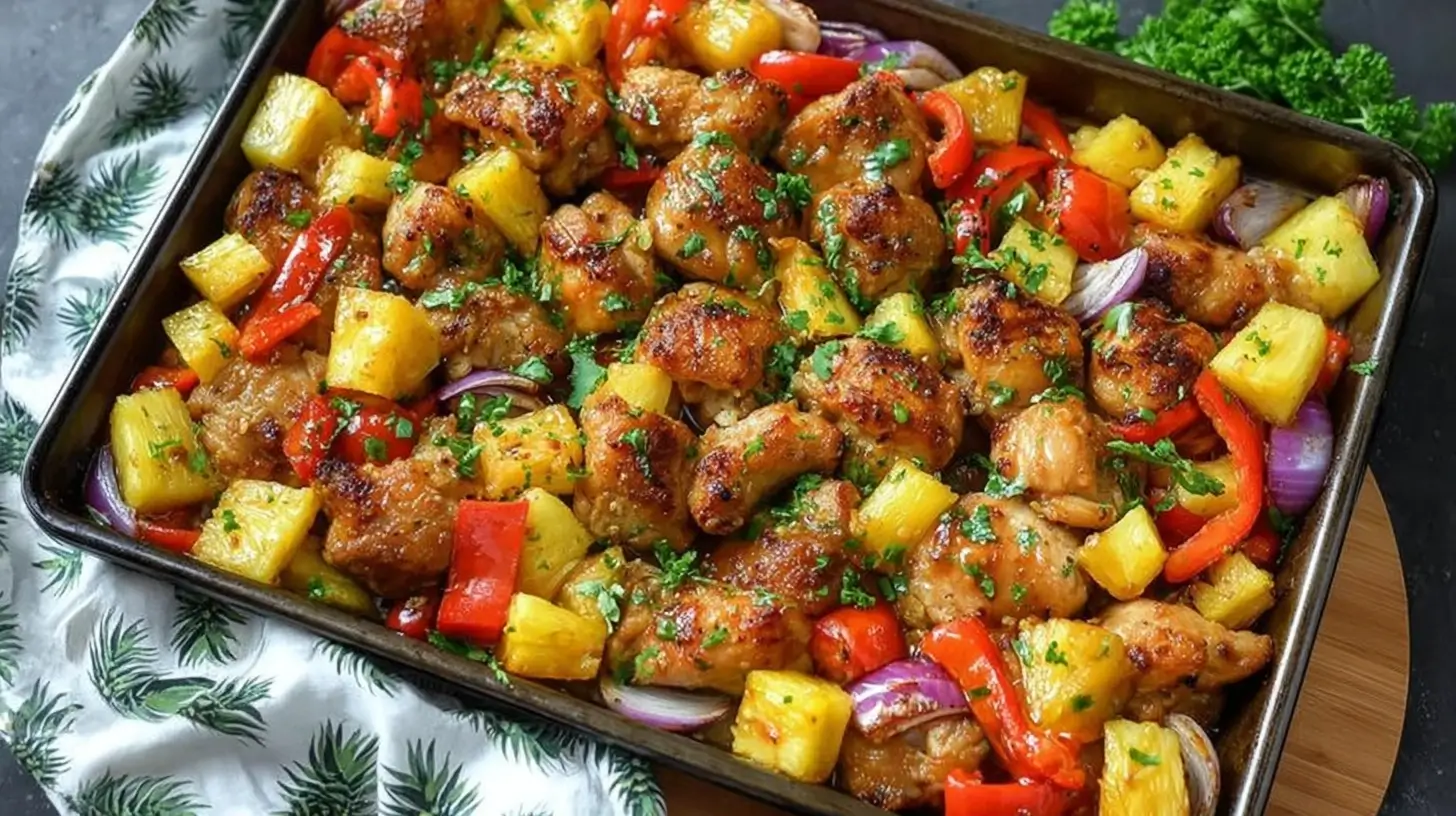 Close-up of crispy hawaiian chicken sheet pan with pineapple