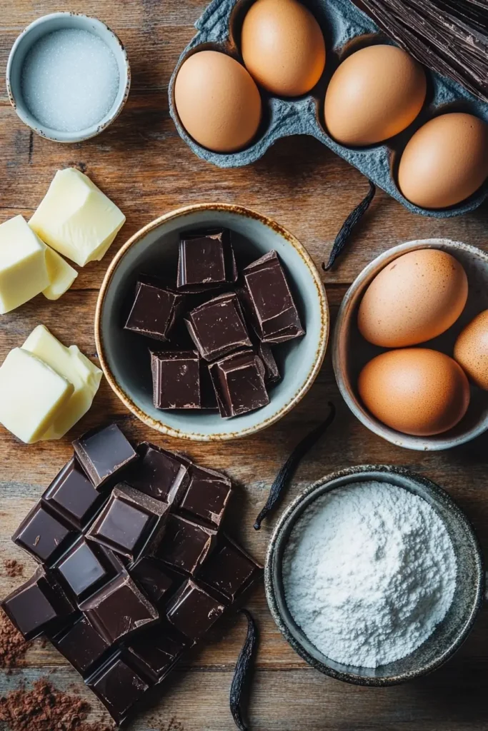 Ingredients for Chocolate Mousse Cups on a rustic countertop
