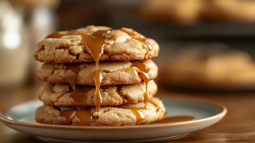 Delicious Caramel Cheesecake Cookies with gooey caramel, stacked on a plate.