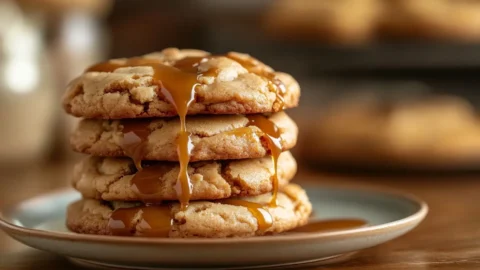 Delicious Caramel Cheesecake Cookies with gooey caramel, stacked on a plate.