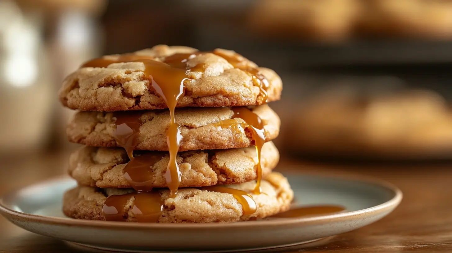 Delicious Caramel Cheesecake Cookies with gooey caramel, stacked on a plate.