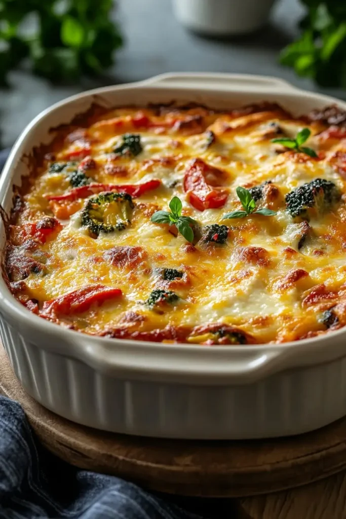 Overhead view of a golden, cheesy cottage cheese and veggie bake with roasted vegetables.