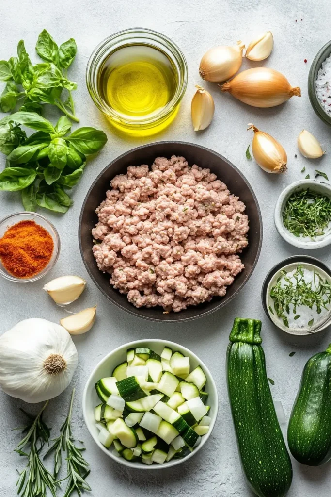 Ingredients for Ground Turkey and Zucchini Skillet - A realistic photo of fresh ingredients including ground turkey, zucchini, garlic, and herbs.