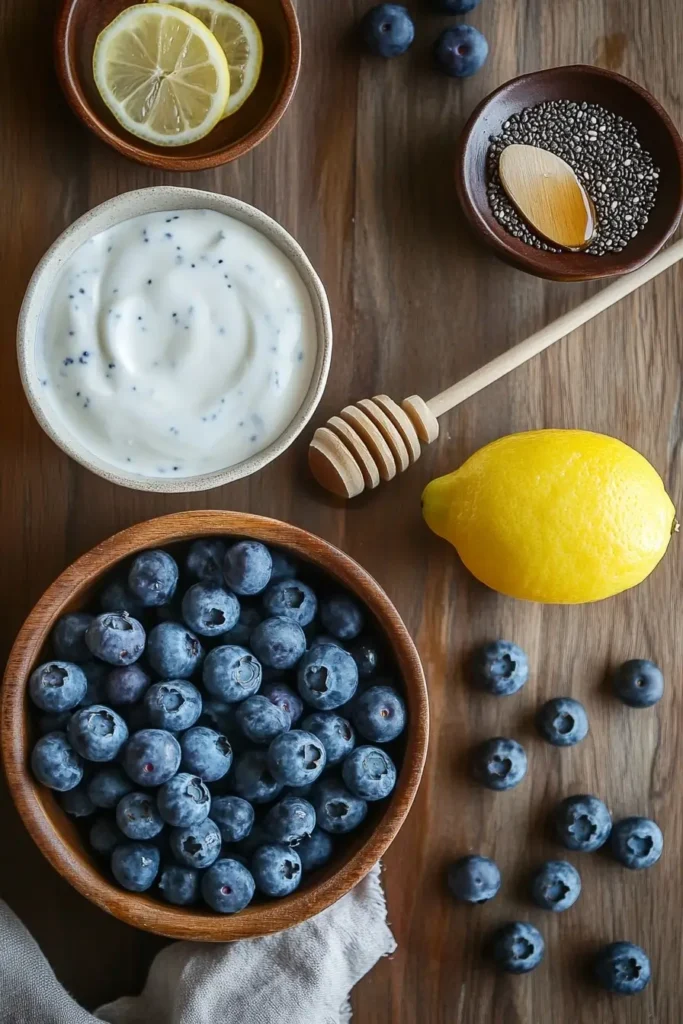 Ingredients for Blueberry Swirl Yogurt Bites: Greek yogurt, blueberries, honey, chia seeds.