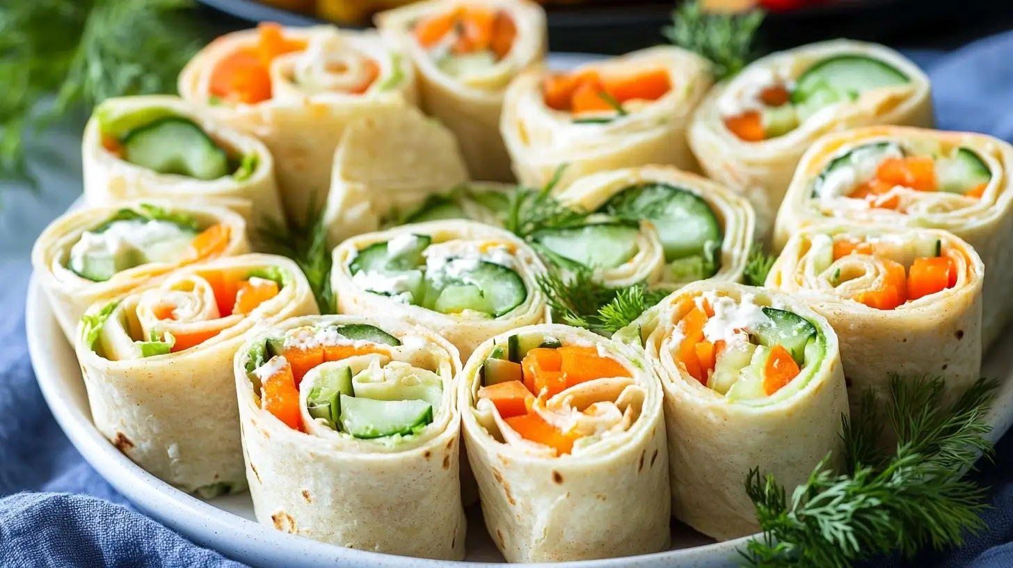 Fresh Vegetable Tortilla Roll Ups served on a plate with vibrant vegetables.