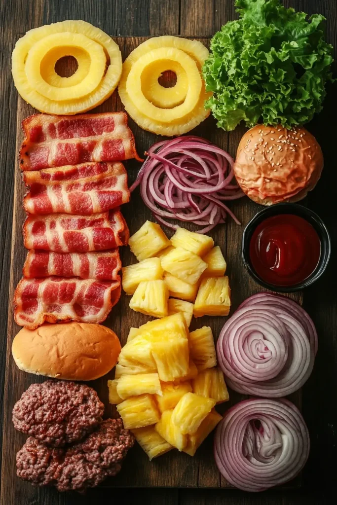 Ingredients for Pineapple Bacon Burger neatly arranged