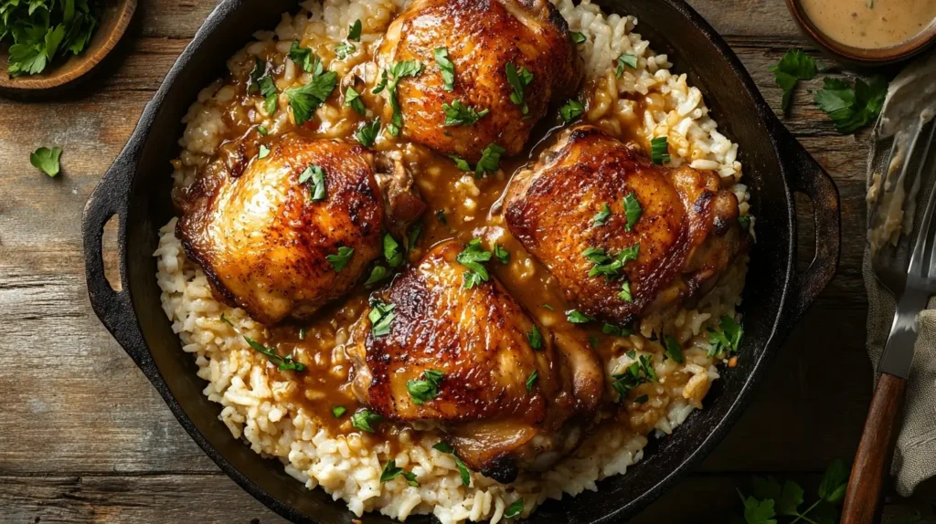 A skillet filled with juicy Smothered Chicken and Rice