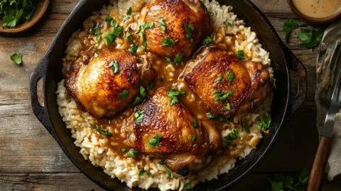 A skillet filled with juicy Smothered Chicken and Rice
