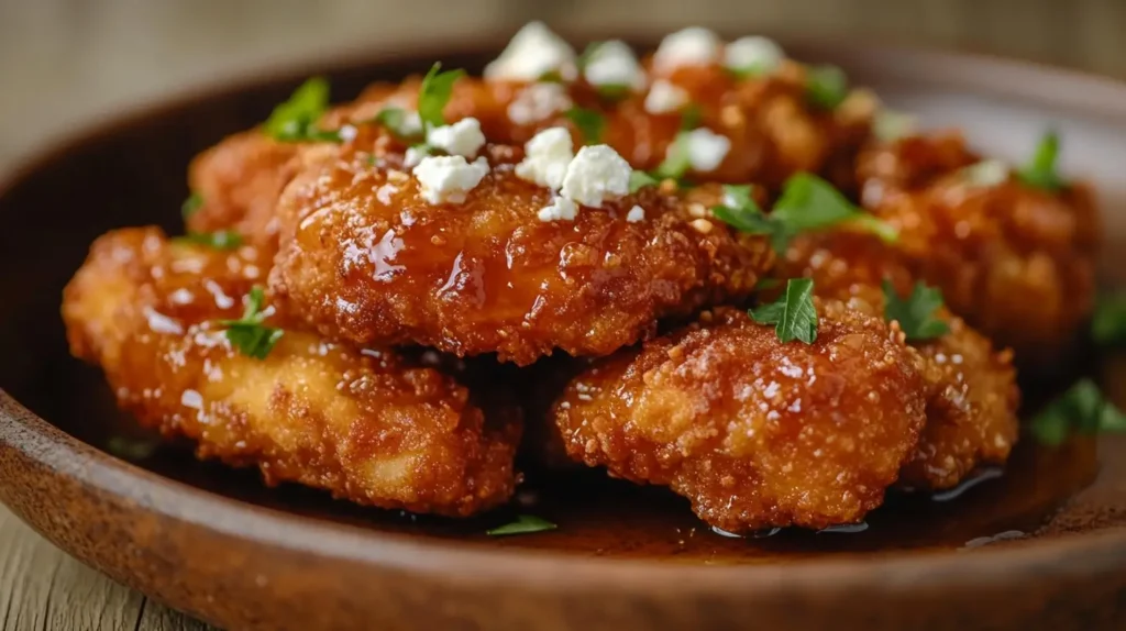 Crispy Hot Honey Feta Chicken with hot honey and feta served on a plate