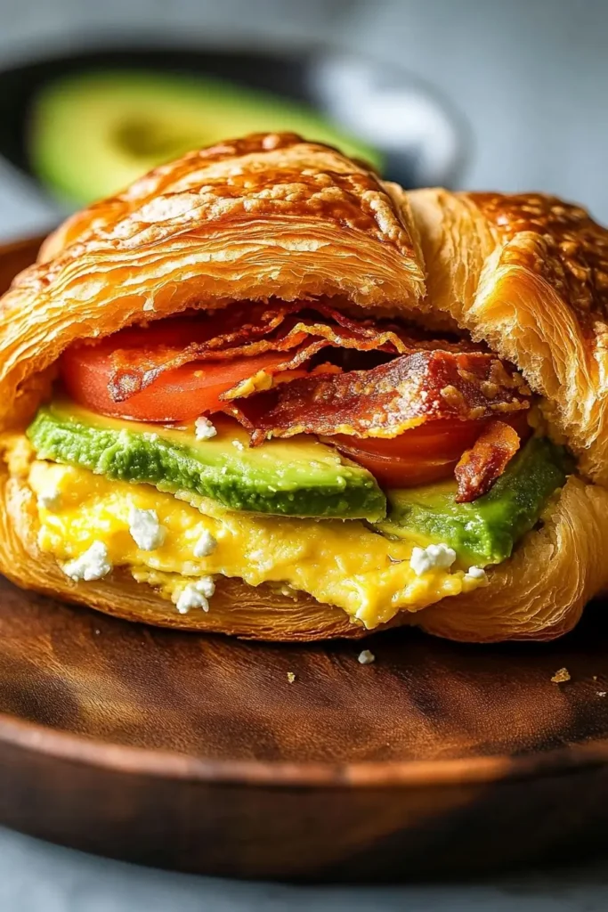Vegetarian Breakfast Croissant Sandwich with avocado and feta
