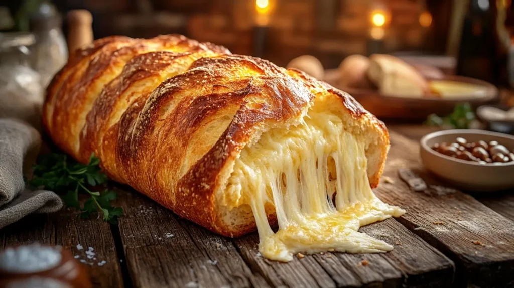 Freshly baked Cheese Bread with golden crust and melted cheese