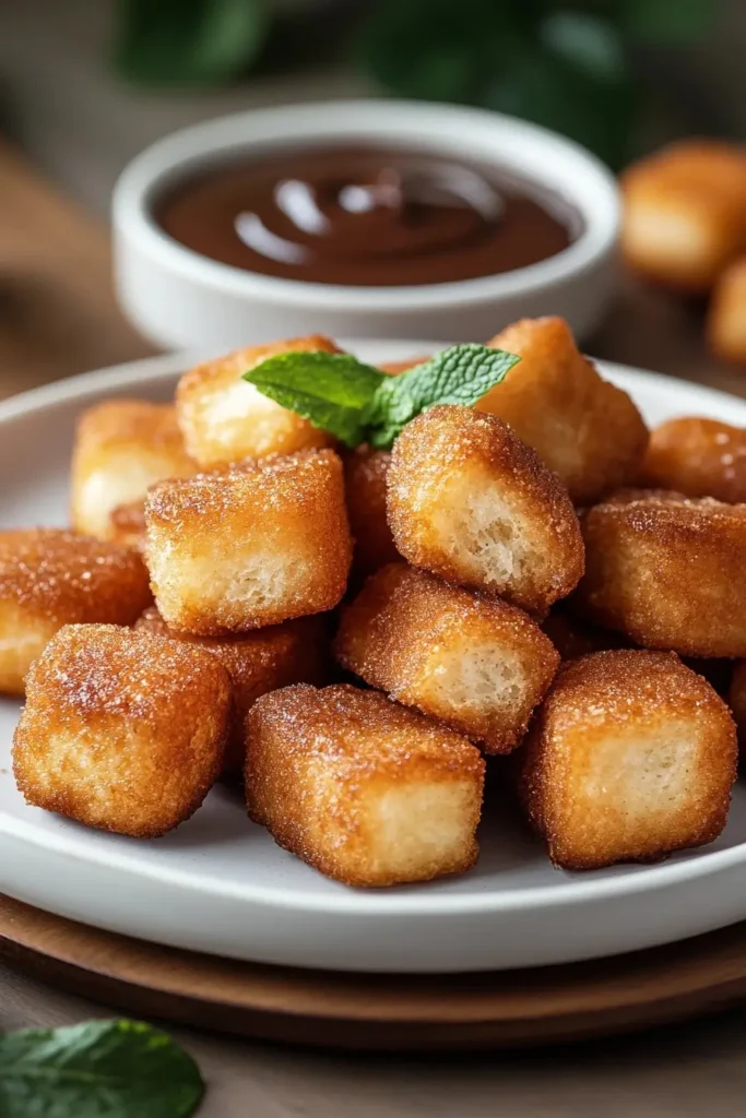 Air Fryer Churro Bites served with chocolate dipping sauce