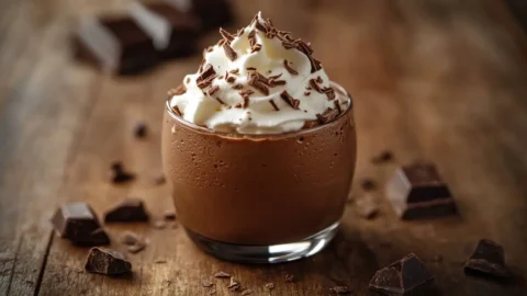 Chocolate Mousse Cups with whipped cream and chocolate shavings