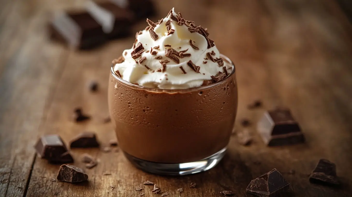 Chocolate Mousse Cups with whipped cream and chocolate shavings