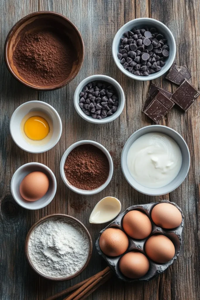 Ingredients laid out for Chocolate Mousse Brownies recipe