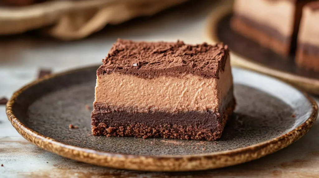 Close-up of Chocolate Mousse Brownies with creamy top and fudgy base