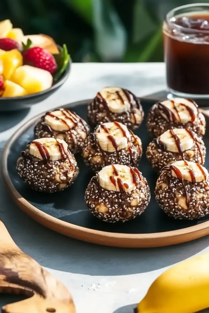 Chia Banana Bread Energy Bites served with iced coffee