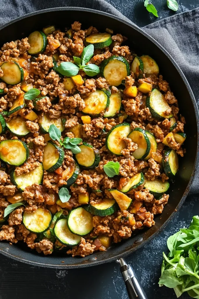 Ground Turkey and Zucchini Skillet with Salad - An overhead shot of the complete meal with Ground Turkey and Zucchini Skillet and a side salad.
