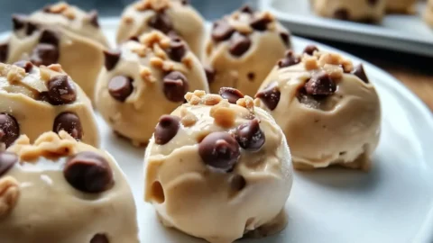 Frozen Greek Yogurt Peanut Butter Bites served on a white plate with garnishes.
