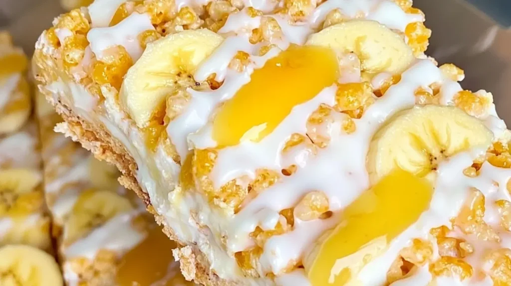 Delicious Banana Pudding Rice Krispie Treats garnished with banana slices