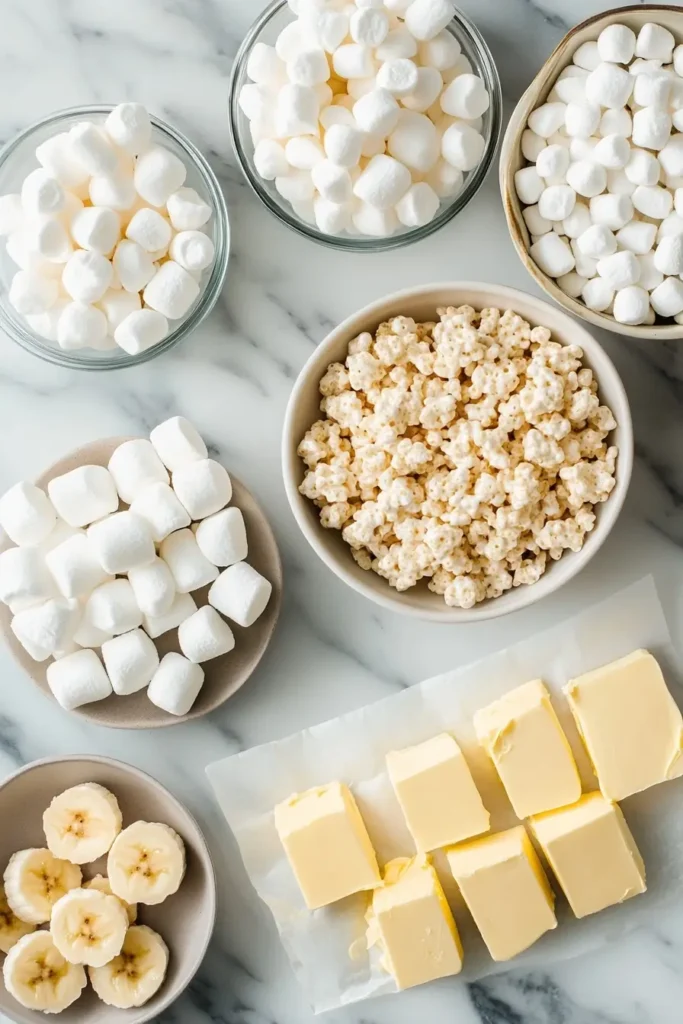 Ingredients arranged for Banana Pudding Rice Krispie Treats recipe