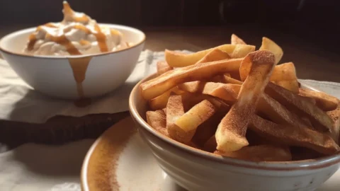 Crispy Apple Fries with Caramel Cream Dip served hot