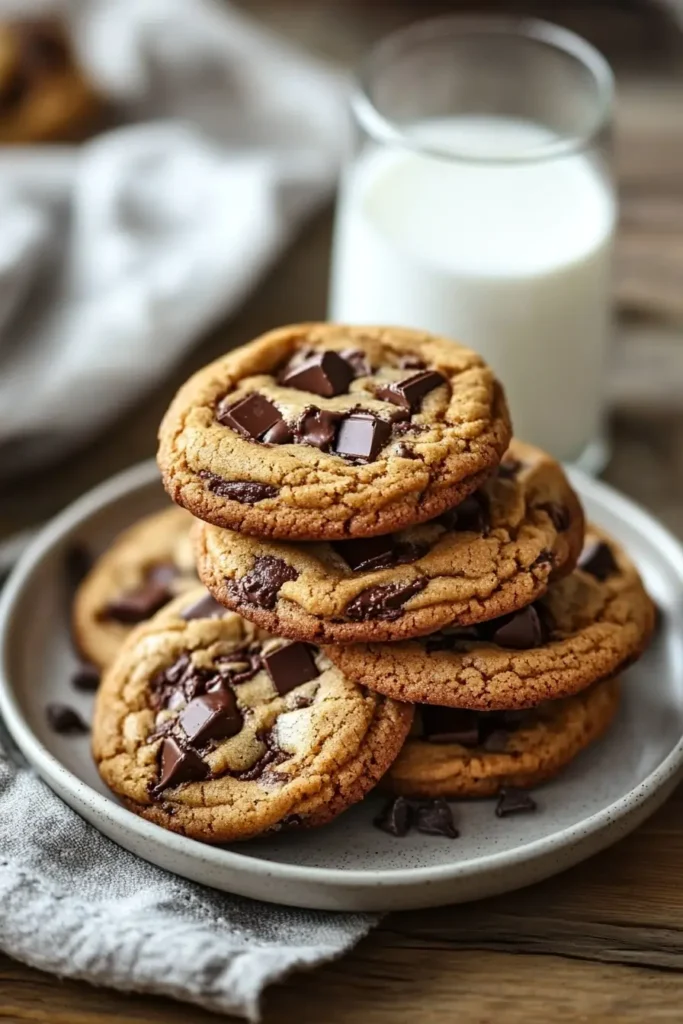 Stacked Greek Yogurt Chocolate Chip Cookies with a glass of milk on the side.