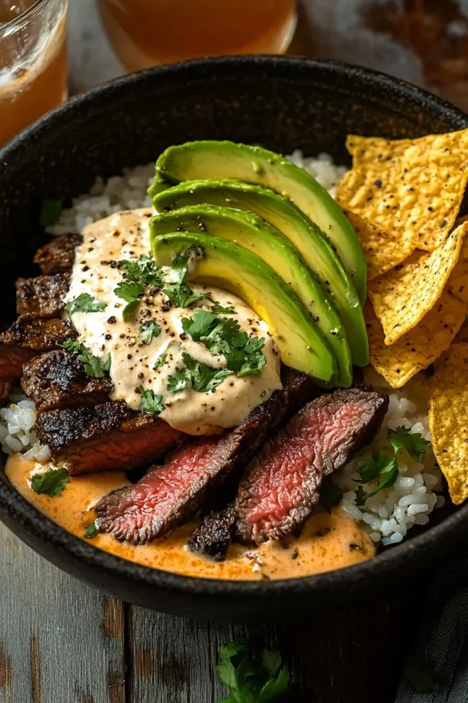 Steak & Queso Rice served with toppings