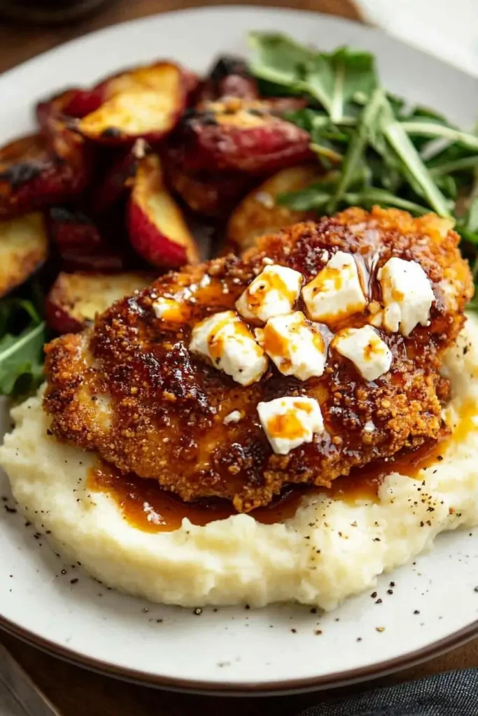 Ingredients for Crispy Hot Honey Feta Chicken laid out flat on a kitchen counter