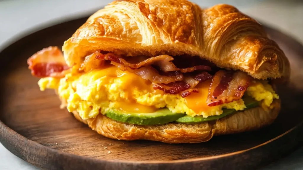 Flaky Breakfast Croissant Sandwich filled with egg, bacon, and cheese