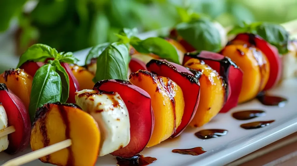 Freshly prepared Peach Caprese Skewers on a white plate with basil and balsamic glaze
