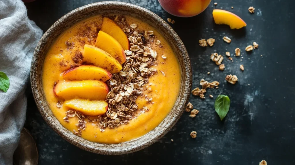 Peach Cobbler Smoothie Bowl with granola and peaches