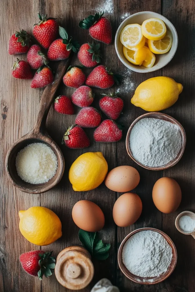 Ingredients for Strawberry Lemon Blondies on kitchen table