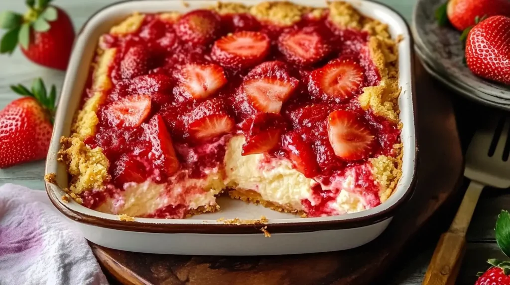 A freshly baked Strawberry Cheesecake Dump Cake with golden crust and juicy strawberries in a baking dish