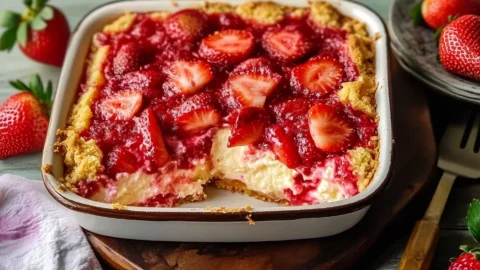 A freshly baked Strawberry Cheesecake Dump Cake with golden crust and juicy strawberries in a baking dish